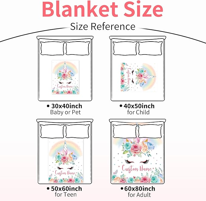 Personalized Unicorn Blanket Name Girl, Custom Name Blanket Kids, Soft Flannel Pink Unicorn Toddler Blanket Customized Gift Birthday Christmas Baby Shower Newborn Gift 30''x40''