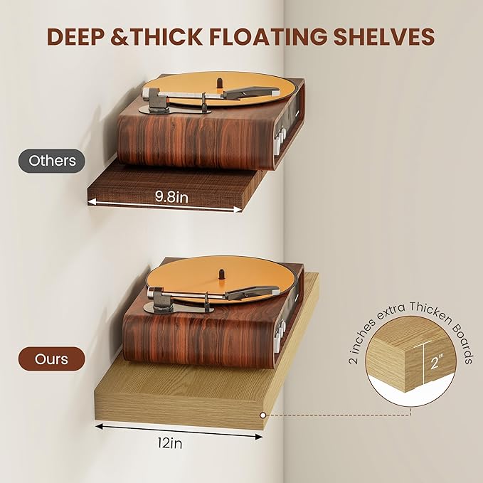Vivelove 12 Inch Deep Floating Shelves 36 inch Long, 2 Inch Thick Wall Shelves with Invisible Brackets, Shelf for Bedroom Bathroom Living Room Kitchen Office Home Decor, Modern Shelf Set of 2, Oak