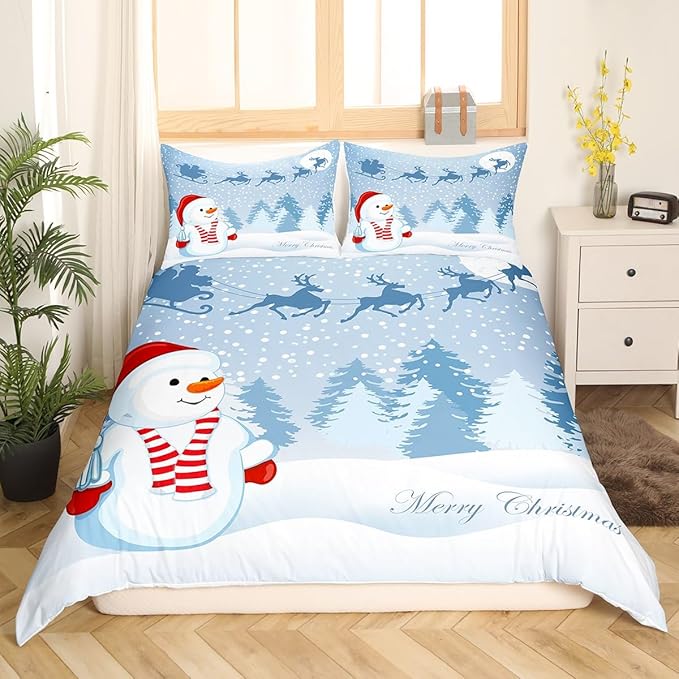 Manfei Snowman Duvet Cover Set Full Size, Xmas Deer Trees Print Comforter Cover with 2 Pillowcases, Winter Snowflake Merry Christmas Bedding Set 3pcs for Kids Boys Girls Bedroom Decor,No Comforter