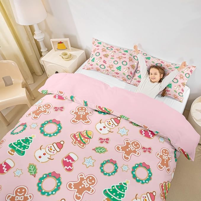 Feelyou Christmas Comforter Cover Cartoon Snowman Christmas Tree Bedding Set Gingerbread Man Xmas Theme Duvet Cover for Kids Boys Girls Microfiber Pink Bedspread Cover Room Decor Bedclothes Full Size