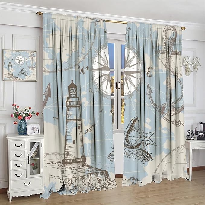 Nautical Theme Window Curtains,Pirate Sailboat Curtains for Bedroom,Conch Starfish Print Draperies for Living Room,Ocean Window Treatment Curtains Set 2 Panels,72x63 Inches