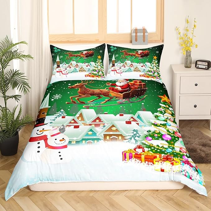 Manfei Christmas Duvet Cover Set Full Size, Snowman Xmas Tree Comforter Cover with 2 Pillowcases, Santa Claus with Deer Bedding Set for Kids Boys Girls New Year Theme Bedspread Cover, No Comforter