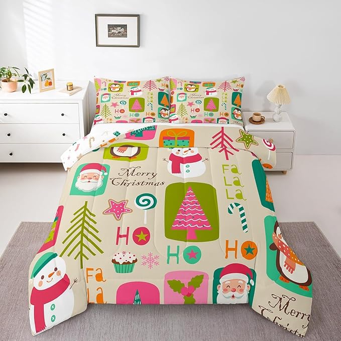 Erosebridal Xmas Decor Quilts Kids Santa Claus Christmas Tree Comforter Set Boys Girls Bedroom, Cartoon Snowflake Bedding Set Cute Snowman Down Comforter Queen Size