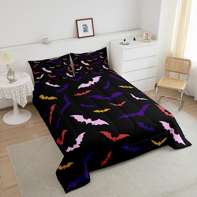 Erosebridal Bat Bedding Set Twin Size for Kids Children Happy Halloween Comforter Set Flying Bat Quilt Gothic Spooky Down Comforter with 1 Pillow Case,Purple and Pink