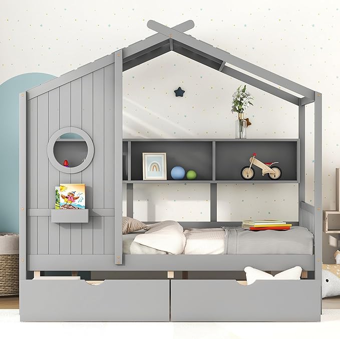 Harper & Bright Designs Full Size Modern House Bed with Roof, Wooden Twin Size House Bed with 2 Drawers and Storage Shelf, White