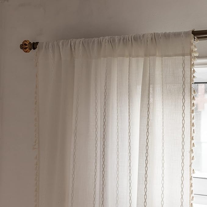 Deeprove White Boho Curtains 63 inches Length for Nursery Bedroom Christmas Decor, Bohemian Embroidery Farmhouse Cream Tassel Cotton Linen French Country Window Treatments, W52 x L63, 1 Panel