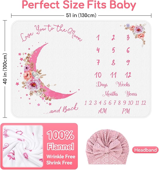 Baby Monthly Milestone Blanket, Precise Hour Moments with Knitted Hat,51”L x40”W,Recording 1 to 12 Months Moments,Thicker Extra Soft Flannel,Best Photography for Newborn,Baby Girl(Pink Flower)