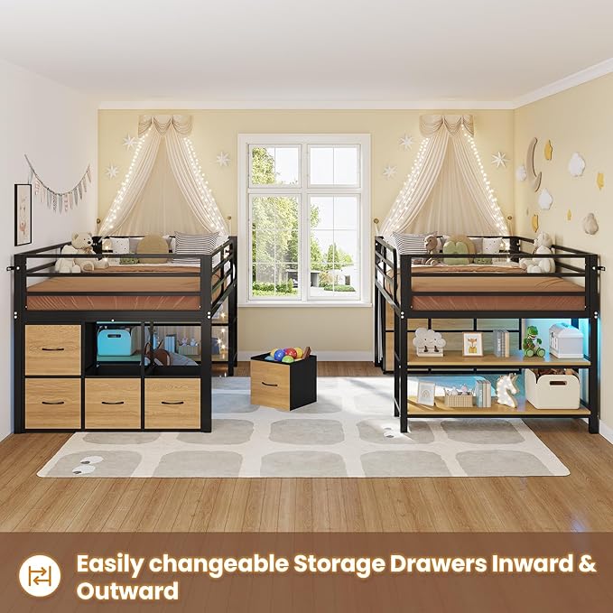 BTHFST Low Loft Bed Twin Size with 6 Storage Drawers, LED Lights, 2 Tier Storage Shelves, Kids Metal Loft Bed with 15" H Stairs & Safety Guardrail, Spave Saving, Black & Natural
