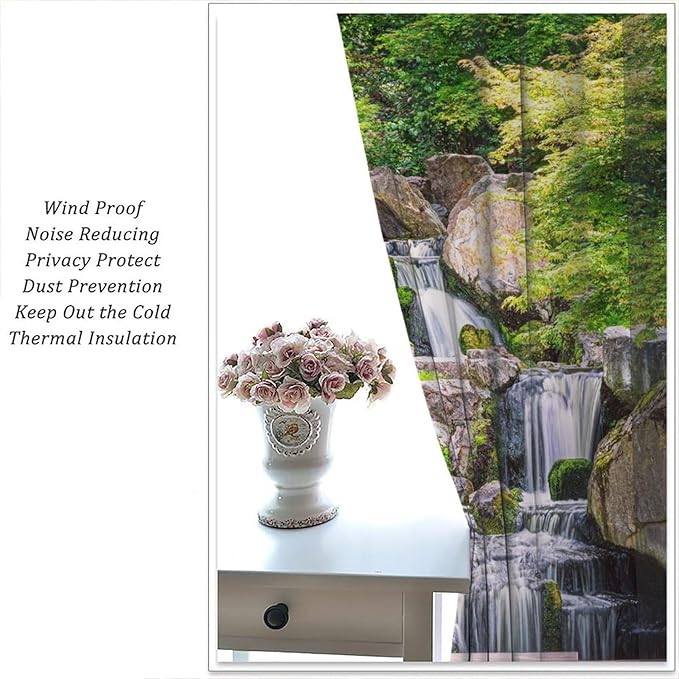 View Waterfall Blackout Curtains, Forest Waterfall Retro Style Natural Scenery Garden Art Landscape Rod Pocket Window Drapes, for Living Room Bedroom 63" W X 63" L