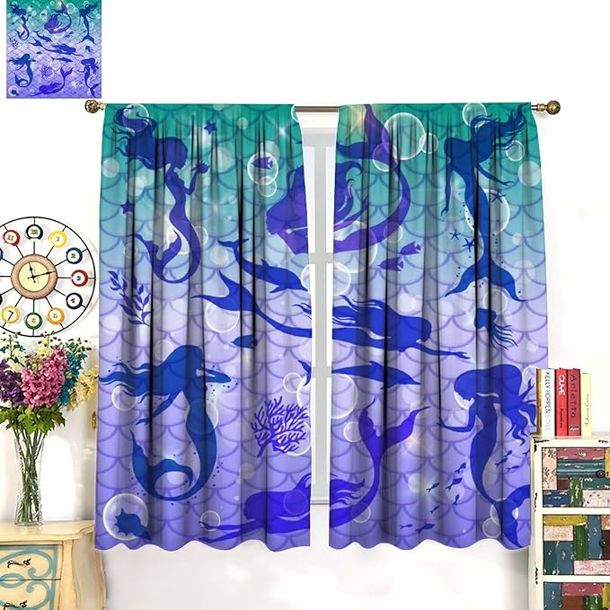 Mermaid Kids Girls Curtains Fantasy Mermaid Silhouette Ocean Theme Beautiful Blackout Window Treatment for Girls Bedroom Nursery Room Decor Rod Pocket Window Drapes 52" W X 84" L