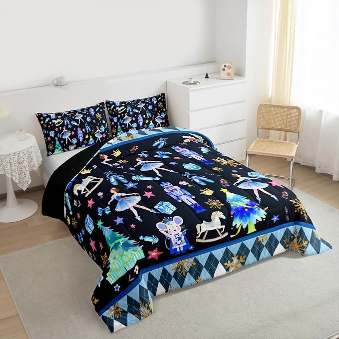 Feelyou Merry Christmas Kids Comforter Set Twin Size Ballet Nutcracker Bedding Set Snowflake Duvet Quilt for Kids Boys Girls Bedroom Decor Microfiber Ultra Soft Breathable