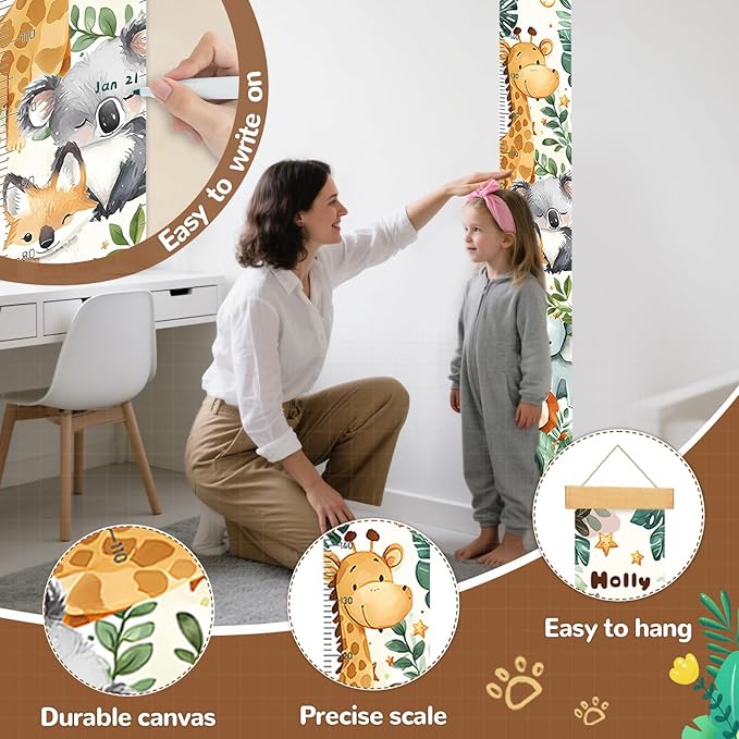 Personalized Wooden Painted Trees and Animals Hanging Canvas Height Ruler, Height Growth Chart for Baby, Kids Measuring Chart for Wall, Kids Room Wall Decor, Removable & Waterproof Growth Chart