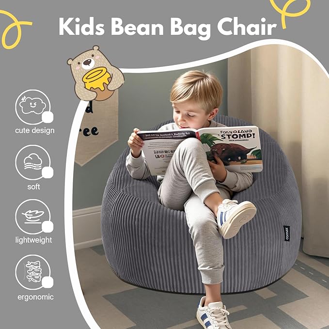 COMAX Bean Bag Chairs for Kids, Toddler BeanBag Sofa with Filler Bean Couch Stuffed for Boys and Girls, Lazy Floor Chair for Playroom, Nursery Room, Dark Grey