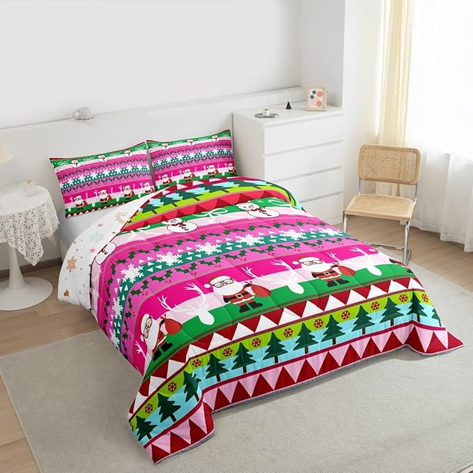Feelyou Merry Christmas Tree Kids Comforter Set Toddler Size Cute Snowman Bedding Set Santa Claus Duvet Quilt for Kids Boys Girls Bedroom Cartoon Bowknot Decor Microfiber Ultra Soft Breathable
