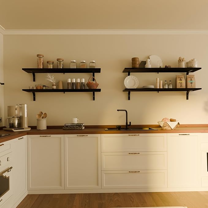 12x60 Inch Rustic Wood Floating Shelves 4-Pack - Farmhouse Black Wall Shelves with 100 lbs Capacity, Easy Installation for Living Room, Kitchen, Bathroom