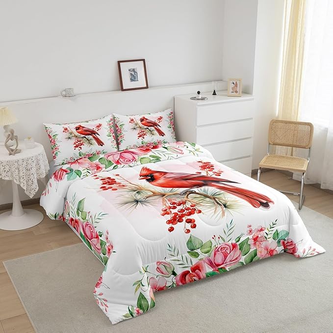 Castle Fairy Red Bird Full Size Comforter Set,Watercolor Cardinal Berry Christmas Bedding Comforters Bedroom Collection,Pink Floral Green Plant Painting Bedding Set for Girls Teens
