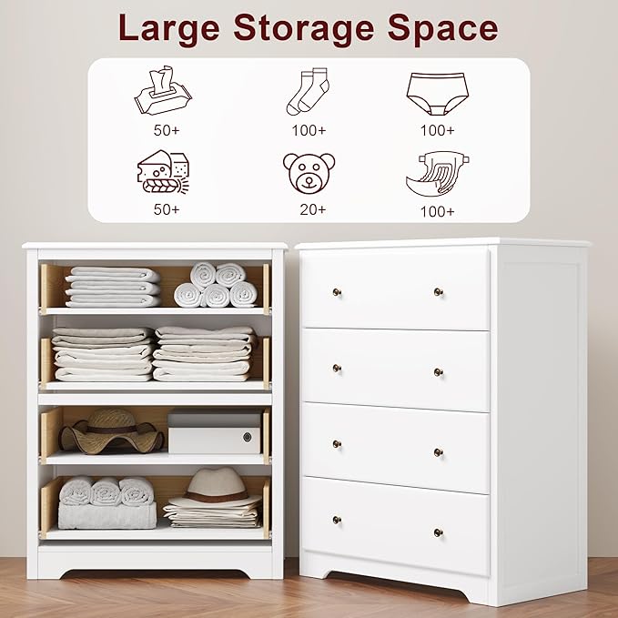 HOUSUIT White Dresser, 4 Drawer Dressers Chest of Drawers, Modern Tall Dresser, Wood Drawer Chest Storage Cabinet for Living Room, Hallway, Entryway, Home Office, Ivory White