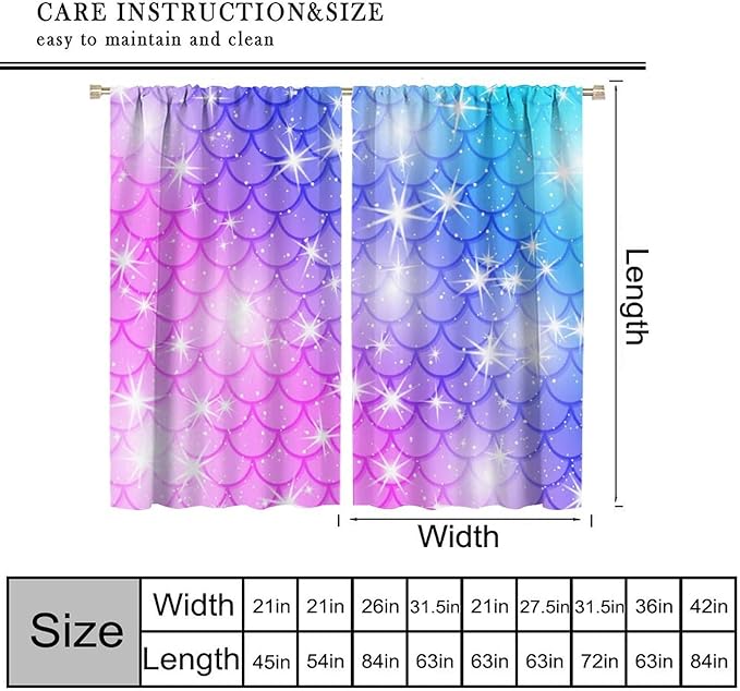 Mermaid Blackout Curtains, Kids Cartoon Blue and Pink Ocean Mermaid Scale Pattern Decoration for Girls Bedroom Nursery Curtains 42x63 Inch