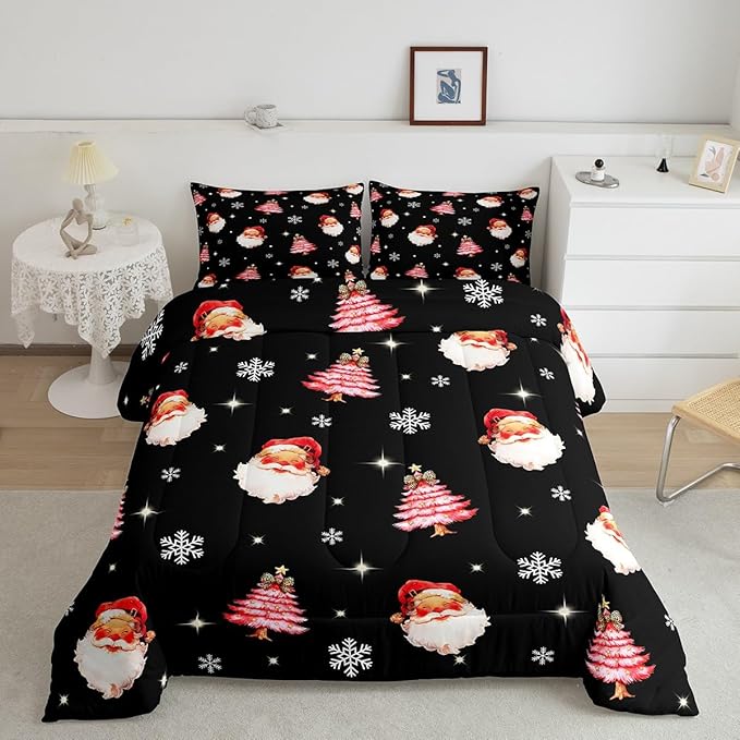 jejeloiu Kids Christmas Theme Comforter Set Queen Size Xmas Tree Cute Santa Claus Bow Bedding Set for Boys Girls Teens Winter Snowflake Happy New Year Duvet Quilt Room Decor