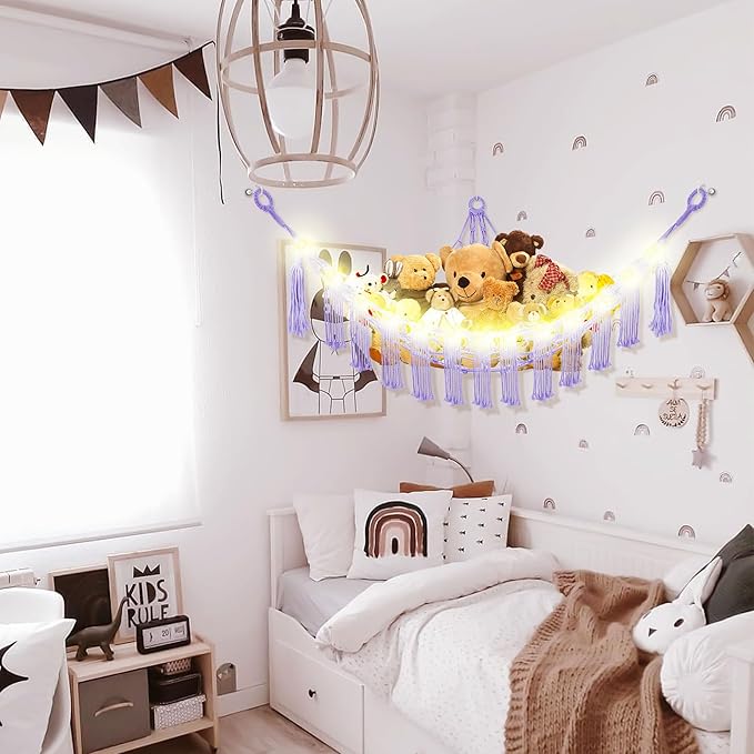 Stuffed Animal Hammock with LED Light, Large Stuffed Animals Storage Corner Plushie Net for Kids Room Decor, Jumbo Purple