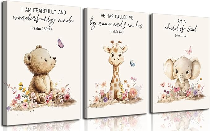 3Pcs Nursery Animal Bible Verse Canvas Wall Art Cute Bear Elephant Giraffe Wall Decor Pictures Christian Baby Nursery Posters Prints for Kids Boys Girls Room Home Decoration 16x24in