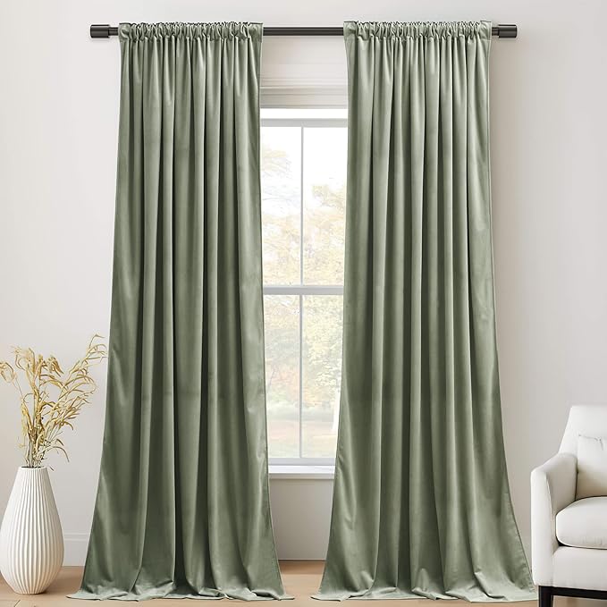 StangH Extra Long Sage Green Velvet Curtains 108 inches - Large Window Thermal Insulated Luxury Drapes in Lively Color for Bedroom/Sliding Door/Hall, W52 x L108, 2 Panels