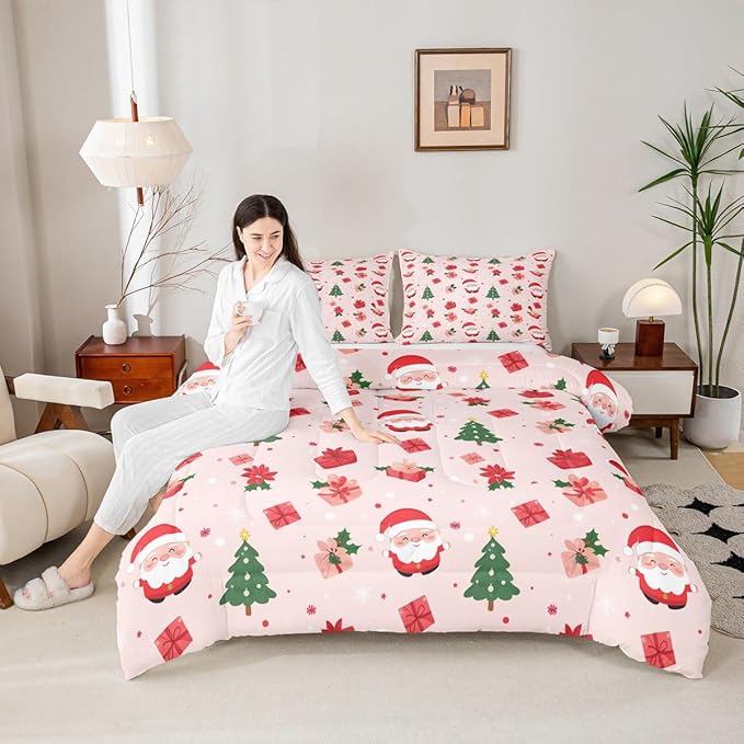 Feelyou Christmas Decor Bedding Set Soft for Boys Girls, Santa Claus Comforter Set Toddler Size Xmas Duvet Quilt Microfiber Christmas Decor Bedroom Decor 2 Pcs with 1 Pillow Cases