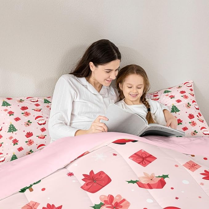 Feelyou Christmas Decor Bedding Set Soft for Boys Girls, Santa Claus Comforter Set Twin Size Xmas Duvet Quilt Microfiber Christmas Decor Bedroom Decor 2 Pcs with 1 Pillow Cases