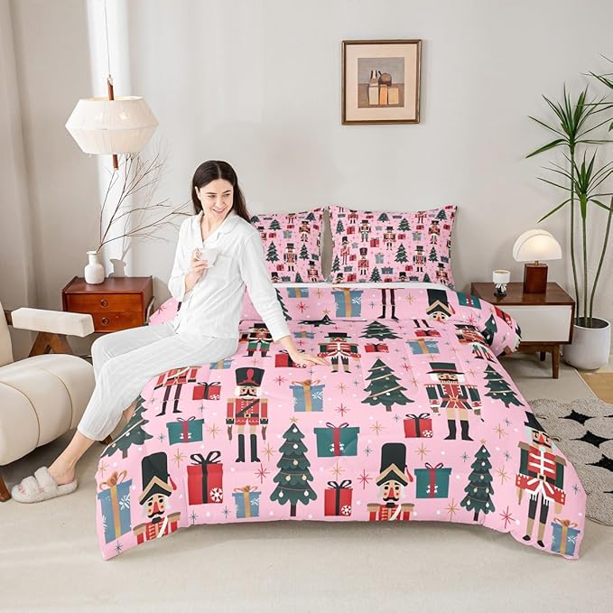 Feelyou Nutcracker Comforter Set All Season Merry Christmas Tree Bedding Set with 2 Pillow Cases Snowflake Kids Queen Bedclothes Soldier Print Decor Duvet Quilt Soft Lightweight