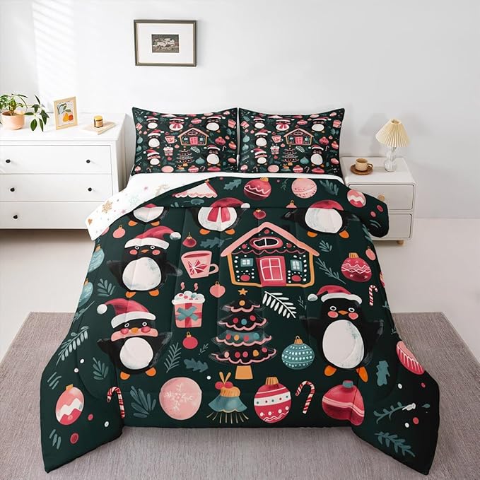 Feelyou Christmas Kids Comforter Set Twin Size Xmas Tree Ball Bedding Set Penguin Duvet Quilt for Kids Boys Girls Bedroom Gingerbread Houses Decor Microfiber Ultra Soft Breathable