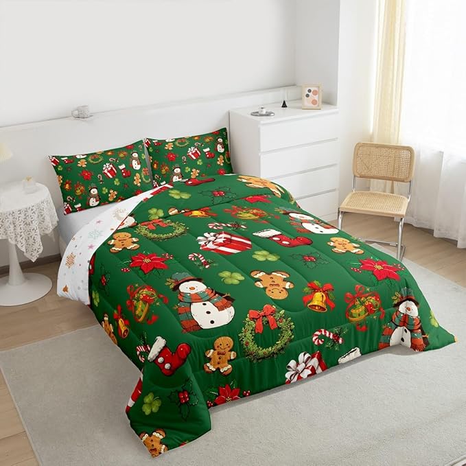 jejeloiu Merry Christmas Comforter Set Twin Size Cute Snowman Bedding Set for Kids Boys Girls Gingerbread Man Duvet Quilt Green Bedroom Decor