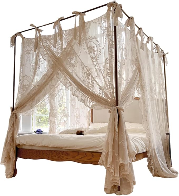 Bed Canopy, 4 Corner Post Canopy Bed Curtains, Lace Mosquito Net for 1.5m/4.92ft Beds, Beige (Frame Not Included), Mosquito Netting Tent