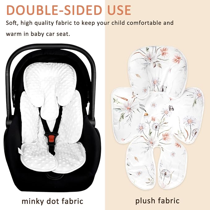 2 in 1 Infant Car Seat Insert, Car Seat Head Support Baby Girls Boys, Soft Newborn Carseat Insert Cushion, Perfect for Carseats, Strollers, Swings (White Flower)