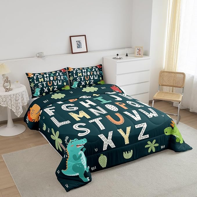 Feelyou Alphabet Kids ABC Learning Bedding Set King Size, Cartoon Dino Comforter Kids Educational Nursery Art Comforter Set for Boys Girls Jungle Dino Duvet Set Durable Bed Set 3Pcs