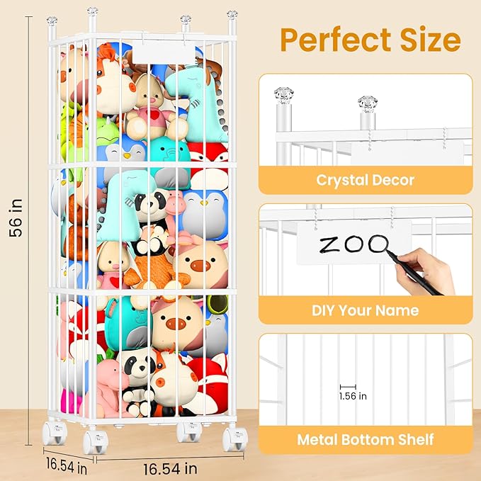 TomCare Extra Large Stuffed Animal Storage Metal Storage Organizer with 4 Lockable Wheels Space Saving Stuffed Animals Holder for Playroom Bedroom