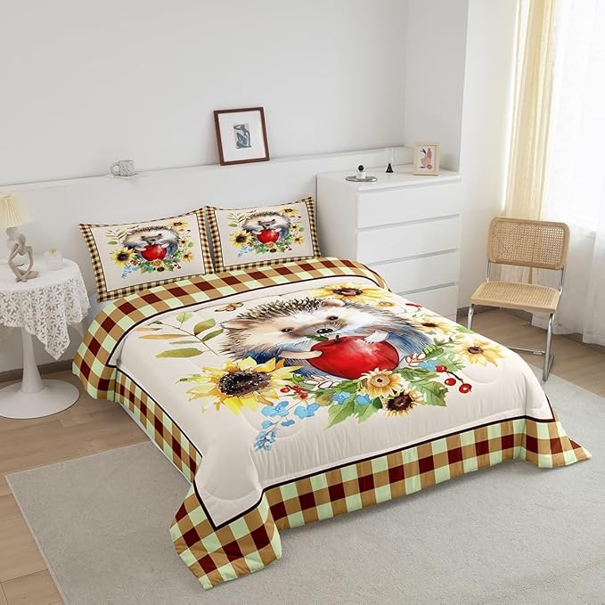 Castle Fairy Autumn Harvest Thanksgiving Bed Comforter Set Queen Size,Cartoon Hedgehog Super Soft Microfiber Bedding Set for Adults Teens,Fall Sunflower Leaves Comforter Set,2 Pillowcases