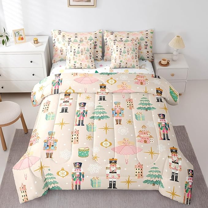 Erosebridal 7Pcs Beige Christmas Comforter Set King Size,Princess Nutcracker Bedding Set,Xmas Tree Snow Bed in A Bag for Kids Boys Girls,Starry Sky Christmas Decoration Quilt with Flat Fitted Sheet