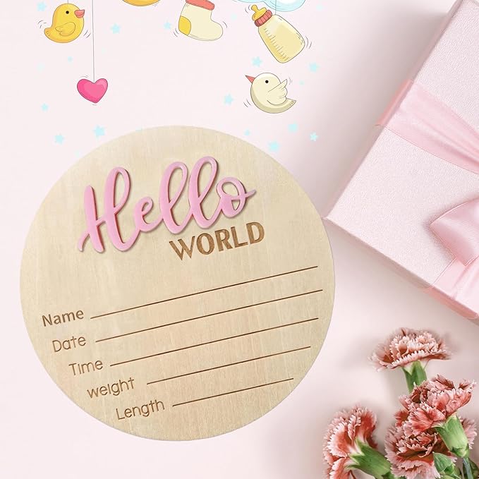 Baby Announcement Sign, 5.9 Inch Wooden Hello World Newborn Signs, Birth Announcement Sign, Baby Shower Hospital Nursery for Newborn Boys and Girls (Pink,Pen)