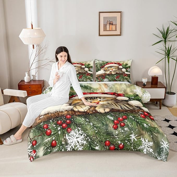 Xmas Cat Kid Comforter Set Twin Size,Snowflake Holly Berry Winter Bedding Set Boy Girl Room Decor,Christmas Poinsettia Animal Quilt Comforter,Green Yellow Duvet Set Bedroom Quilt Set,1 Pillowcase
