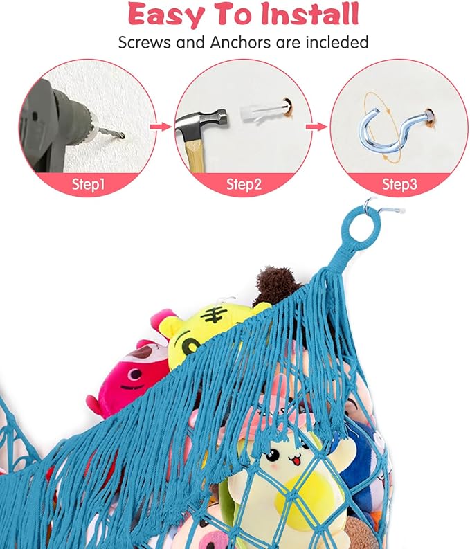 Stuffed Animal Hammock - Extra Large 63'' Long, Stuffed Animal Storage, stuffed animal Holder net, Toy Hammock Large, Toy Storage Hanging Organizer - Peacock blue