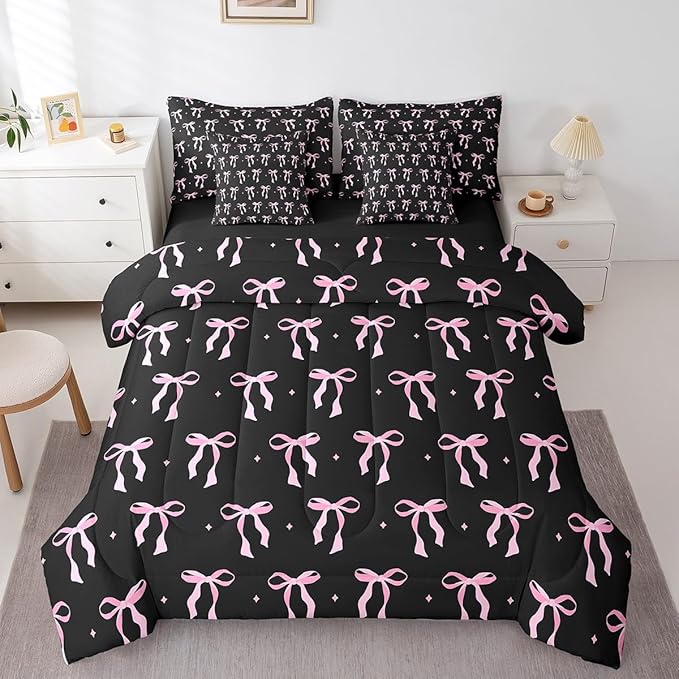 7 Pieces Pink Bowknot Kids Comforter Queen,Stars Watercolor Bow Tie Patchwork Bedding Set,Butterfly Knot Princess Black Noble Chic（Comforter+Fitted+Flat Sheet+2 Pillowcases+2 Throw Pillow Covers）