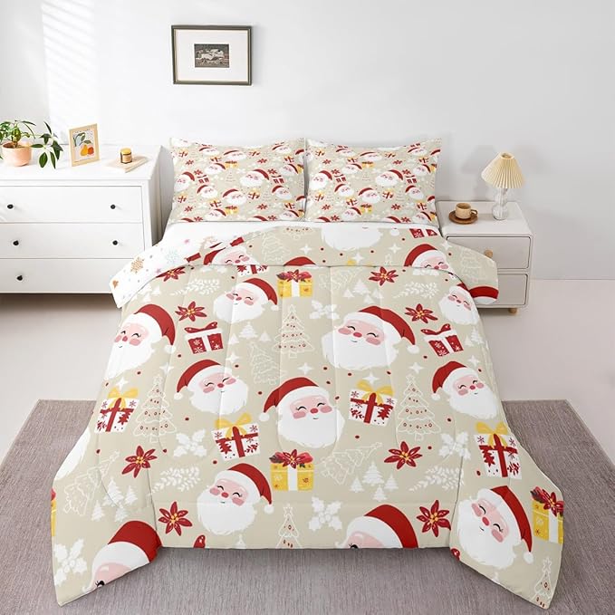 jejeloiu Santa Claus Comforter Set Queen Size Merry Christmas Bedding Set for Kids Boys Girls Xmas Themed Duvet Quilt Beige Bedroom Decor