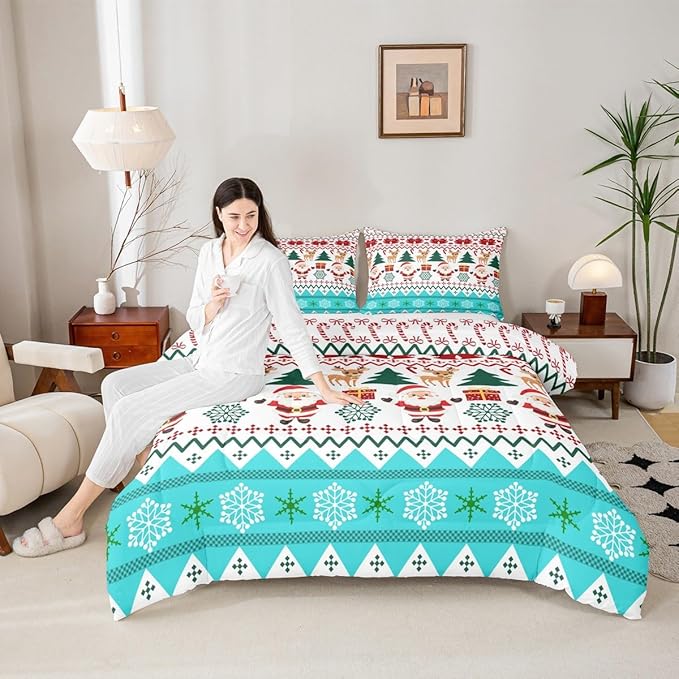 Feelyou Merry Christmas Bedding Set Soft for Boys Girls, Santa Claus Comforter Set Queen Size Cute Deer Duvet Quilt Microfiber Snowflake Bedroom Decor 3 Pcs with 2 Pillow Cases