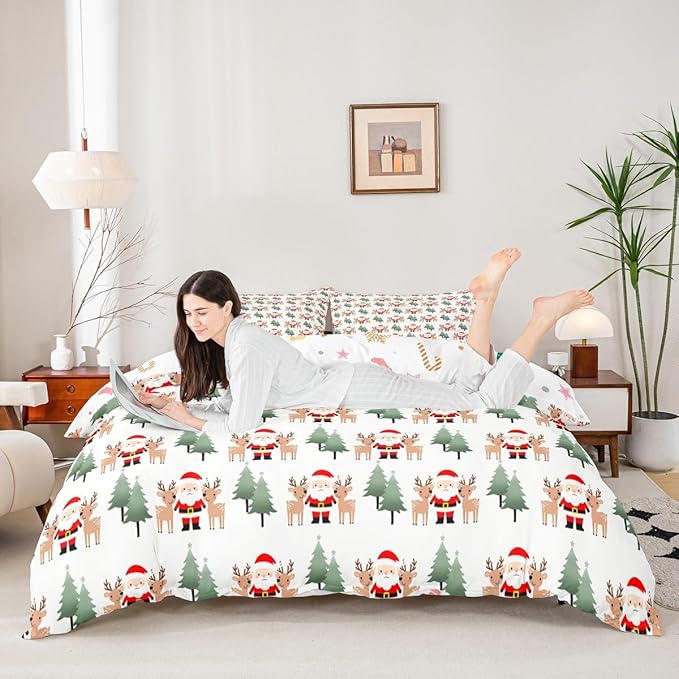 Feelyou Christmas Duvet Cover Cartoon Santa Claus Bedding Set for Kids Boys Girls Teens Room Decor Cute Deer Christmas Tree Comforter Cover Set Xmas Theme Bedspread Cover 3Pcs Zipper Full Size