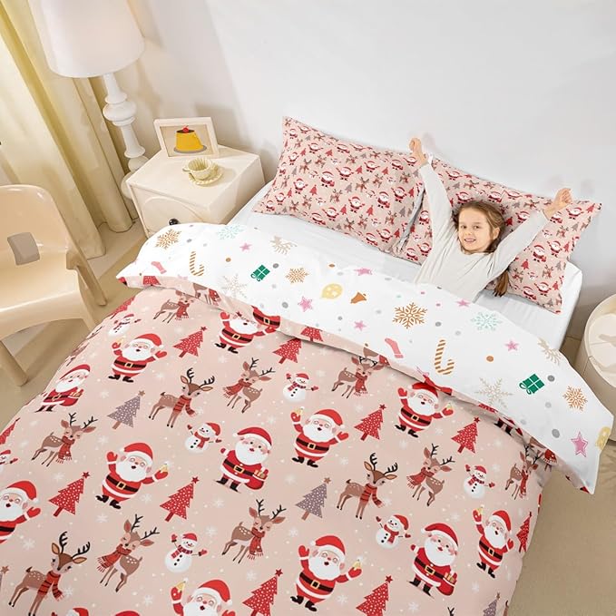 Christmas Kids Bedding Set Santa Claus Bedding Duvet Cover Set for Boys Girls Christmas Tree Deer Decor Comforter Cover Set Snowflake Xmas Theme Bedspread Cover Bedroom Quilt Cover 2Pcs Toddler Size