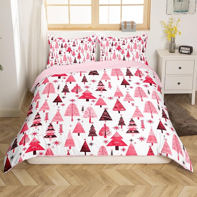 Pink Xmas Trees Duvet Cover Set Queen Size, Christmas Theme Bedding Set 3pcs for Kids Boys Girls Adults, Happy New Year Comforter Cover Soft Polyester Quilt Cover with 2 Pillowcases,No Comforter
