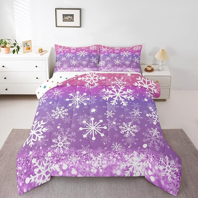 Feelyou Christmas Comforter Set All Season Pink Purple Bedding Set with 2 Pillow Cases Winter Snowflake Microfiber Kids Queen Bedclothes New Year Holiday Bedroom Decor Duvet Quilt Soft Lightweight