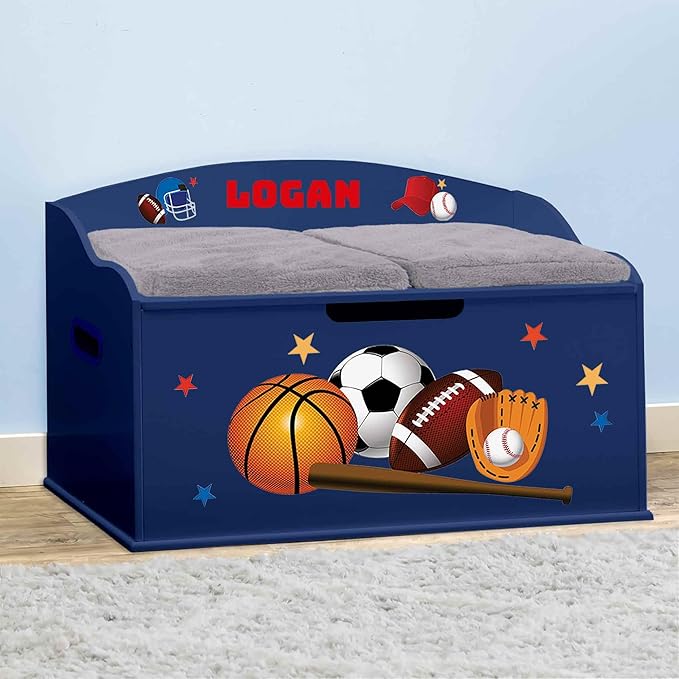 DIBSIES Personalized Creative Wonders Toy Box, Sports, 30 x 19.25 x 18 inches, Soft-Close Lid (Blue)