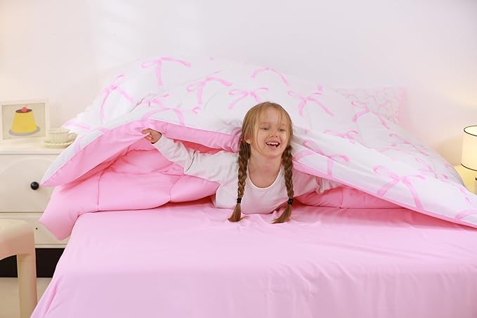 7 Pieces Cartoon Bowknot Kids Comforter Full,Pink Bow Tie Butterfly Knot Princess Bedding Set,Watercolor Bow Patchwork Pink White（Comforter+Fitted+Flat Sheet+2 Pillowcases+2 Throw Pillow Covers）