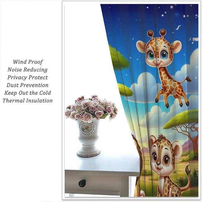Jungle Safari Window Curtains for Kids Boys Girls Watercolor Cartoon Forest Animals Baby Living Room Bedroom Nursery Toddler Rod Pocket Drapes 84" W X 84" L